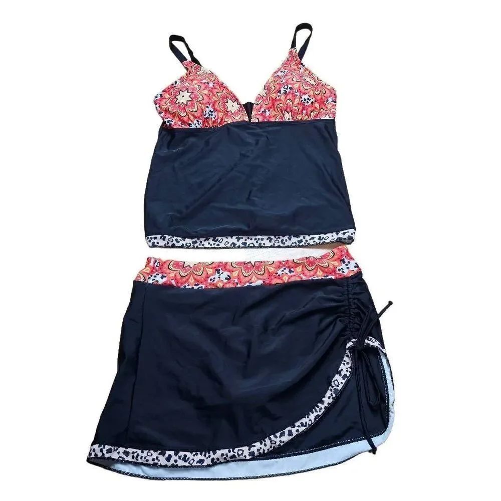 Womens Sz L black multicolor 2pc Swimear top and skirt